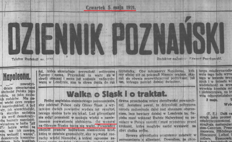 Skan Dziennika Poznańskiego z 5 maja 1921 roku.