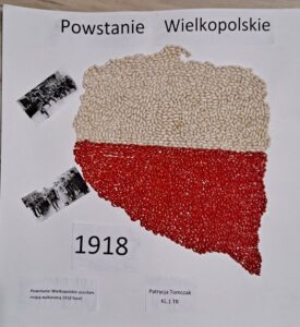 Plakat przedstawiający biało-czerwony kształt Polski wykonany z fasoli.