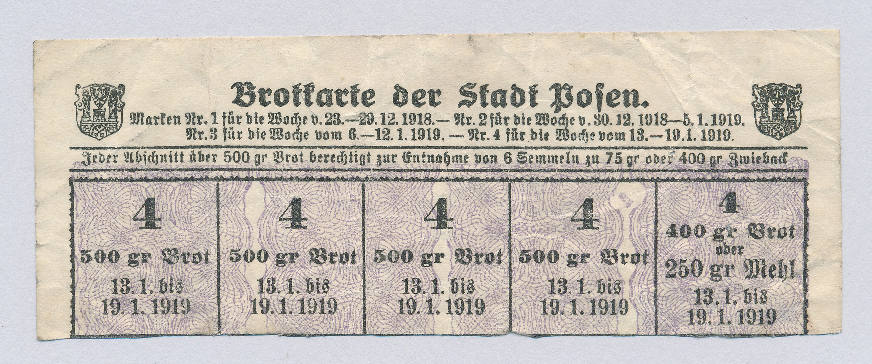 Kartka żywnościowa na chleb (Brotkarte der Stadt Posen) – pozostałe kupony ważne na okres od 13.1 do 19.1.1919.