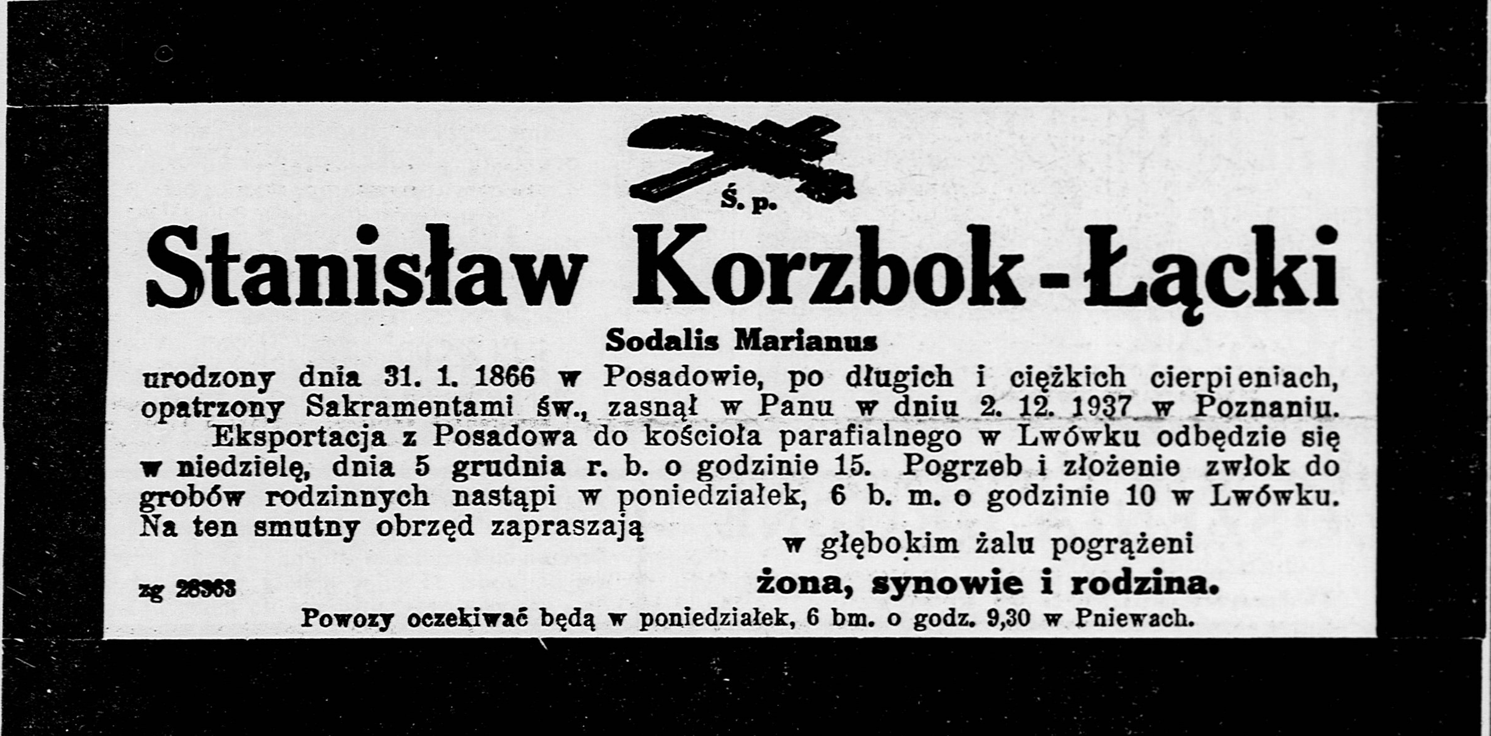 ekrolog informujący o zgonie Stanisława Łąckiego