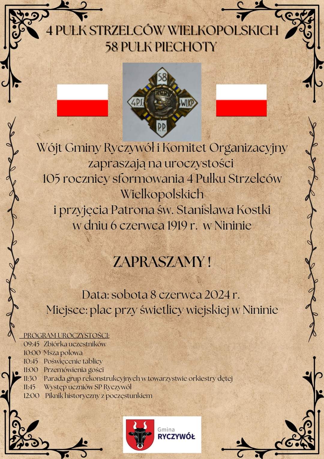 105. rocznica sformowania 4 Pułku Strzelców Wielkopolskich i przyjęcia Patrona św. Stanisława Kostki w dniu 6 czerwca 1919 w Nininie