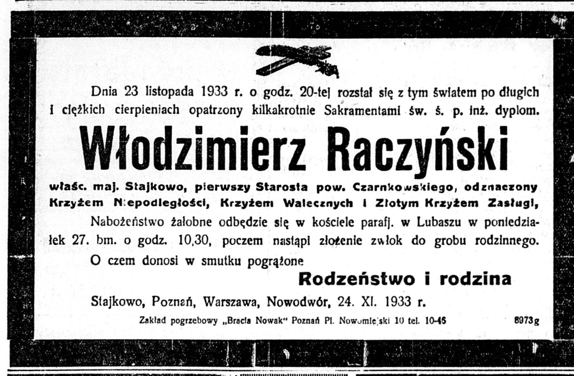 Nekrolog Włodzimierza Raczyńskiego, „Dziennik Poznański”, nr 272, 20.11.1933