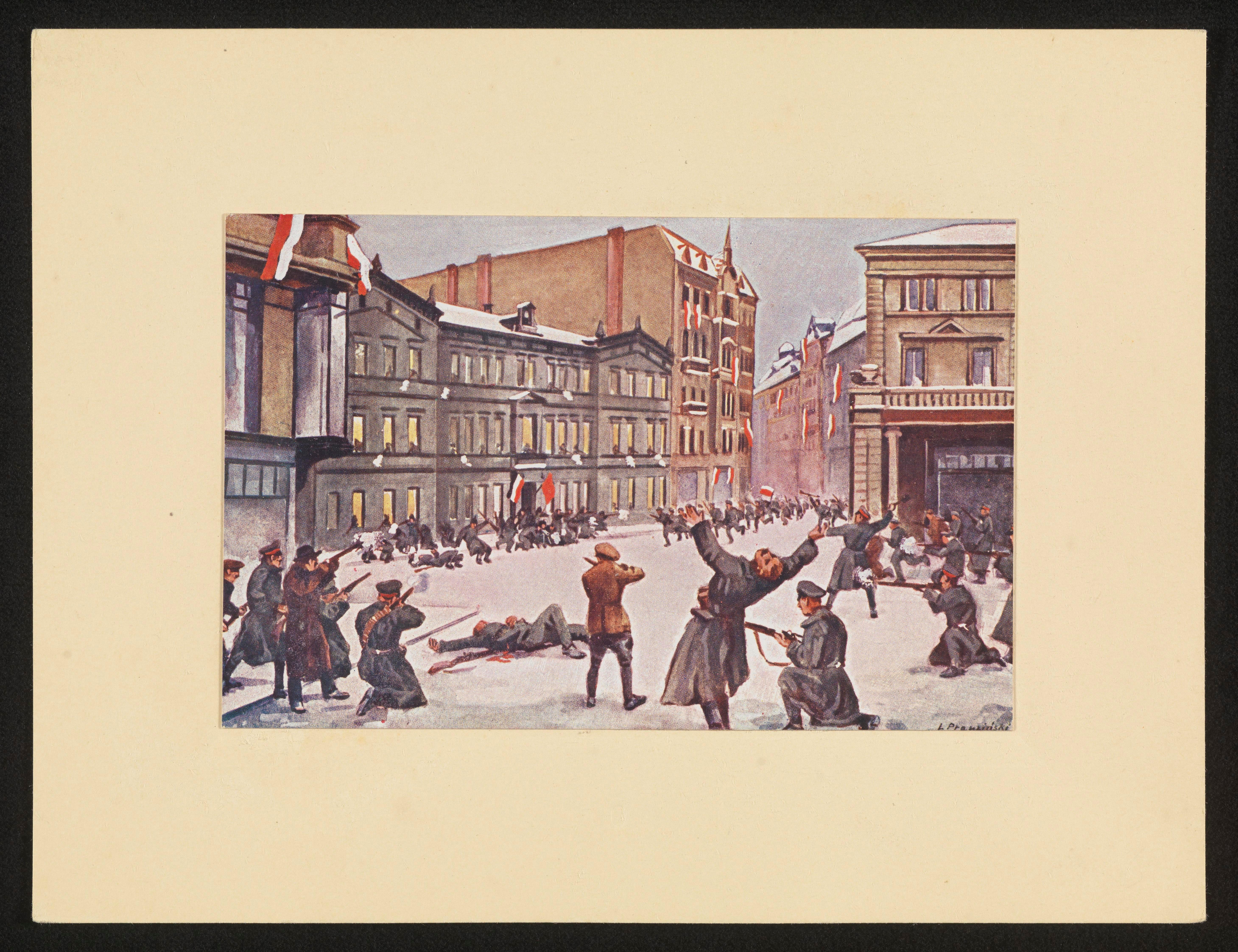 Dwie grupy mężczyzn na ulicy miasta, większość uzbrojona, część z nich strzela, na pierwszym planie upadający mężczyzna, w tle budynki, na których powiewają flagi