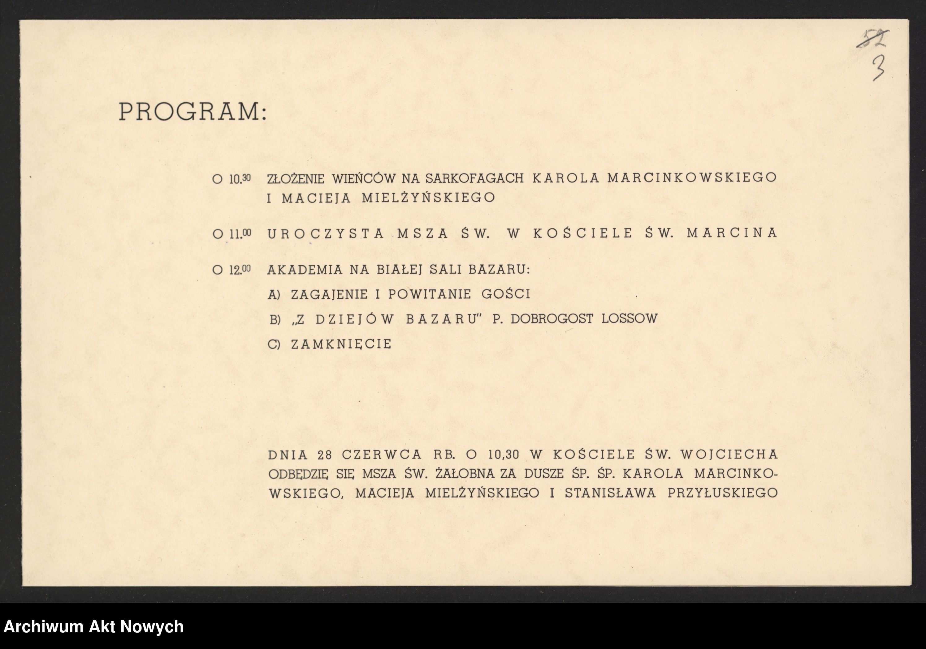 Drukowany program wydarzenia z listą godzin i punktów uroczystości, zapisany w układzie kolumnowym.